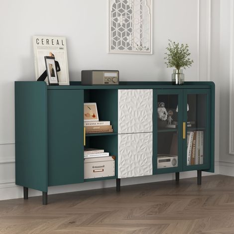 Aparador salon 150x40x80 cm con 2 cajones y 3 puertas, aparadores pasillo, MDF y cristal, verde (1/5)