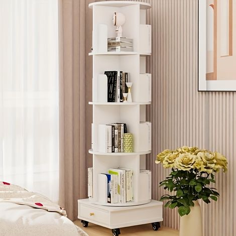 Bibliothèque Tournante 360° avec 16 Casiers Ouverts - Étagère 4 Niveaux sur Roulettes Bloquables (40x40x147cm) Rangement avec Tiroir en Tissu Amovible - Design Modulable pour Studio/Chambre d'Enfant (1/5)