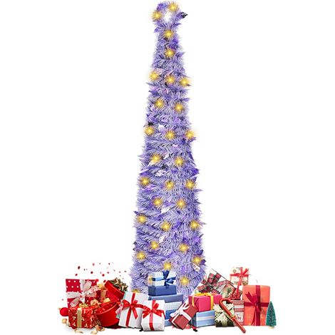 Sapin de Noël Artificiel Pliable 150 cm, PVC Arbre de Noël avec Guirlandes Lumineuses LED, Sapin de noël Scintillant avec Paillettes Artificielles, Décorations de Noël pour Maison, Magasin, Violet (1/5)