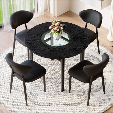 Ensemble Esstisch und 4 Stühle, Runder Tisch aus MDF mit Glaseinlage, Schwarz (1/5)