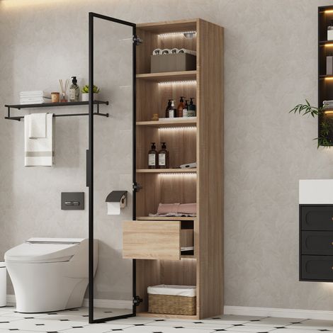 Mobile Bagno 40x34.5x165 cm, Ante in Vetro, Soluzione Salvaspazio con Struttura Stabile, Facile Pulizia, MDF, Naturale
