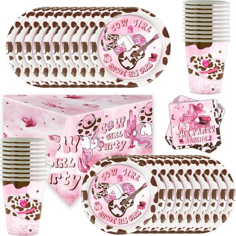 Lot de vaisselle de fête cowgirl - Assiettes et gobelets en carton - Nappe rose - Décoration de table denim (1/5)