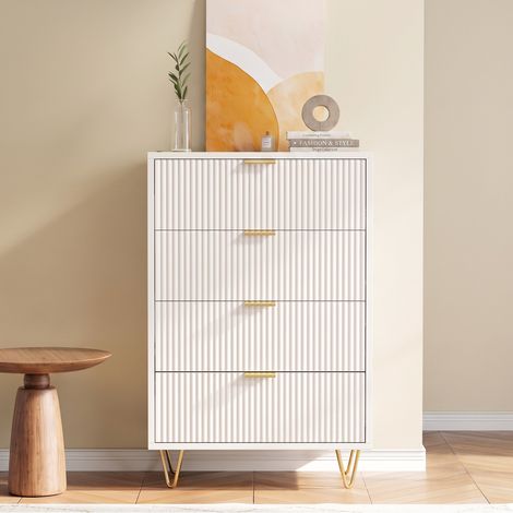 Commode 4 tiroirs, chiffonnier de rangement, pour chambre salon, design strié moderne, 60x34x91 cm, Blanc (1/5)