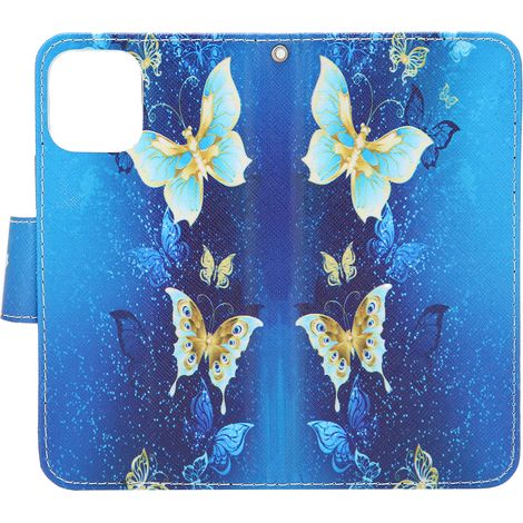 Étui portefeuille pour iPhone 12 Pro, en cuir PU, à rabat, avec emplacement pour cartes et support intégré, motif papillons dorés