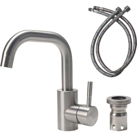 304 Stainless GLASSBANG Steel Bathroom Faucet, 360° Swivel Basin Mixer Tap with 60cm Hose, Brushed Finish, Single Lever (1/4)
