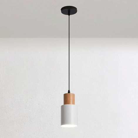 Mini lampe à suspension de chevet, suspension en bois avec abat-jour cylindrique, lampes à suspension à long tube en métal, luminaire E27 - Blanc (1/5)