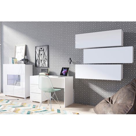 Büro Möbel Set mit LED Beleuchtung in weiß Hochglanz CAIRNS-132, B/H/T ca. 360/200/50 cm (1/5)
