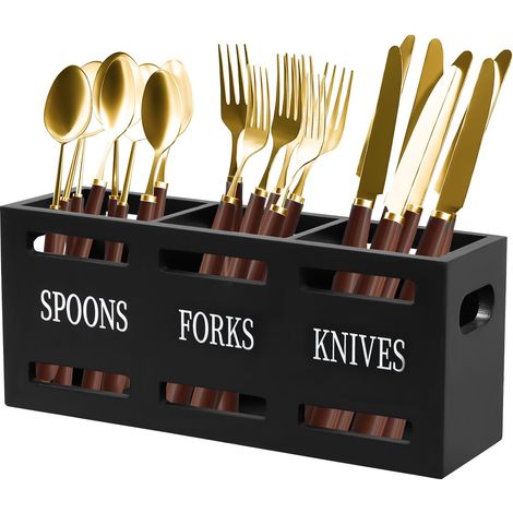 Porte Ustensiles Cuisine, 3 Compartiments Porte-Couverts en Bois, Organiseur D'ustensiles, Rangement Pour Ustensiles Pour Cuillère Fourchette Baguettes, Décoration de Cuisine Rustique(Noir) (1/5)