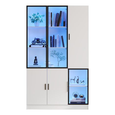 Vetrina con illuminazione a LED e ante in vetro - 120 x 35 x 200 cm - Vetrina alta con libreria integrata - Dettagli in bianco e nero - Per soggiorno, sala da pranzo, ufficio