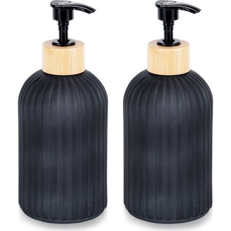 Distributeur De Savon Liquide - Verre Noir Mat Et Bambou - 400 Ml - Salle De Bain Cuisine - Lot De 2 (1/5)