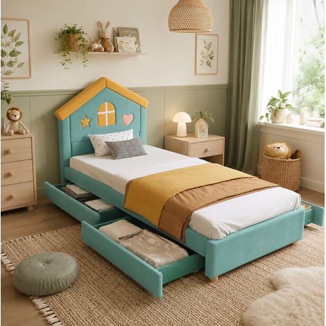 MODFU – Cama tipo cabaña infantil 90x200 cm de terciopelo con 4 cajones, cabecero decorativo, acolchado y motivos de ventana – Azul verdoso (1/5)