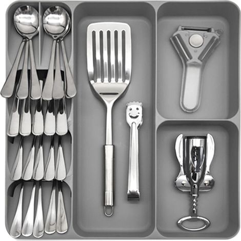 Organisateur de tiroir à couverts 3 en 1 en plastique écologique, multifonctionnel, pour couteaux, fourchettes, baguettes et cuillères (gris) (1/5)