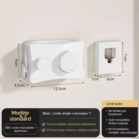 Corde à linge rétractable murale invisible ligne simple corde à linge style appareil photo 5,1 m - blanc fil acier étendoir intérieur balcon salle de bain sans perçage – Livraison gratuite (1/5)