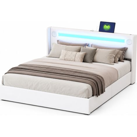 Lit coffre 160x200 LED avec Bluetooth, 2 ports USB et cadre à lattes, en cuir régénéré blanc, rangement hydraulique, robuste et silencieux  CHICFURN (1/5)