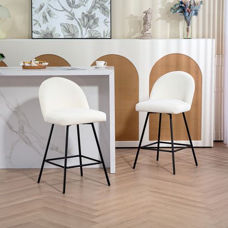 Juego de 2 taburetes de bar con respaldo de terciopelo, sillas altas con reposapiés para isla de cocina y barra, 48,5 x 56 x 92 cm, blanco crema.