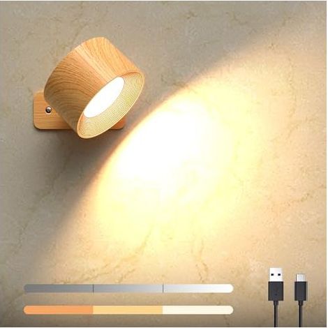 Wandleuchte für den Innenbereich, Wandleuchte mit USB-Ladefunktion, 3 Farben und 3 Helligkeitsstufen, um 360° drehbare LED-Innenleuchte mit Touch-Steuerung, kabellose Wandleuchte (Holzmaserung) (1/5)