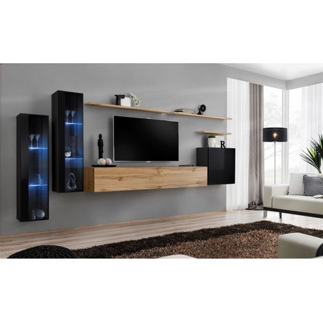 Ensemble mural - Switch XI - 2 vitrines LED - 1 banc TV - 1 vitrine carrée - 3 étagères - Bois et noir - Modèle 2 - Livraison gratuite