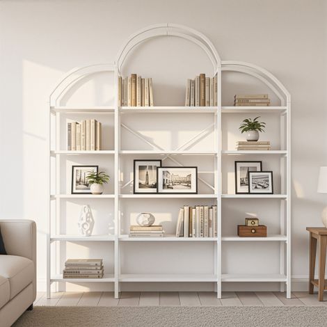 Estantería de 170 x 26 x 190 cm de estilo sencillo, fabricada en tubo de acero y MDF, con cinco estantes, forma única de nube, fácil de montar y limpiar, color blanco. (1/5)