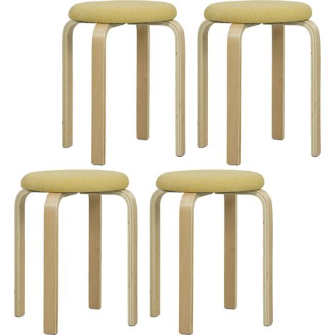 Tabourets empilables bois, assise rembourrée jaune, lot de 4, 45x45x85cm (1/5)