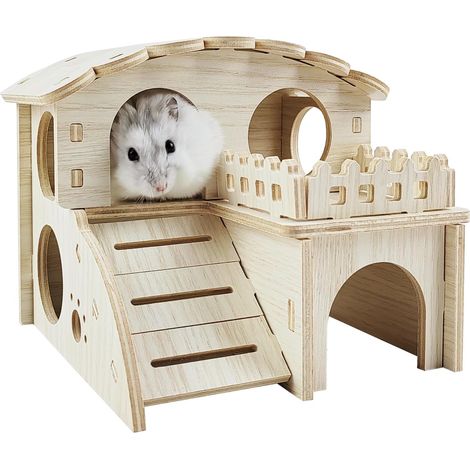 Maison Pour Hamster - Bois Naturel - 16 x 16 x 16 cm - Avec Échelle Et Trous D'Observation - Pour Repos Et Entraînement À L'Escalade - 1 Pièce