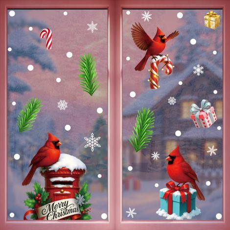 Décoration de fenêtre de Noël, oiseau rouge mignon, décoration de porte et fenêtre en verre pour chambre à coucher, autocollant de fenêtre à effet statique - [Deux combinaisons] 645+646 -