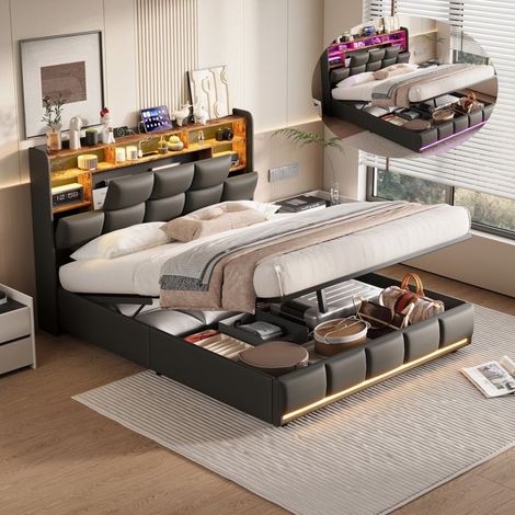 Bett mit integrierter LED USB 140x190 cm - Praktischer Stauraum - Modernes Design - 2 Plätze