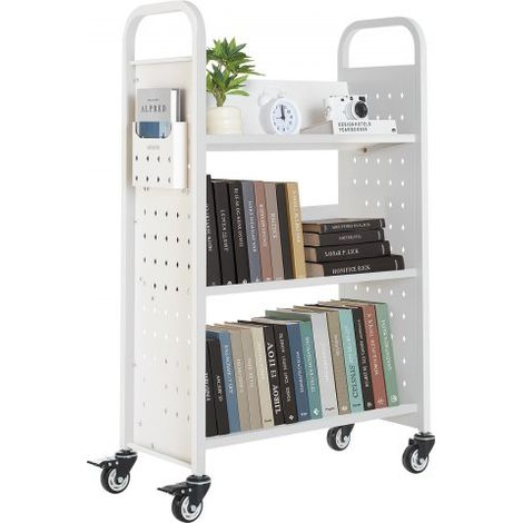Carro para Libros de 3 Niveles Estantería de Libros con Ruedas 77 x 38 x 122 cm Estante de Almacenamiento en Forma de V Carro Rodante para Biblioteca, Librería, Oficina, Escuela, Blanco (1/5)