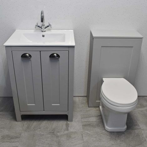 Derby Bathroom Suite Vanity Sink Basin + WC Toilet Unit - Light Grey Oak, No Tap