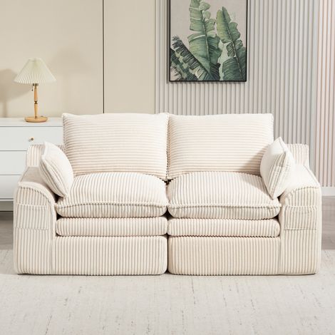 Canapé 2 places 191x94x85 cm beige en velours côtelé avec poches latérales et coussins