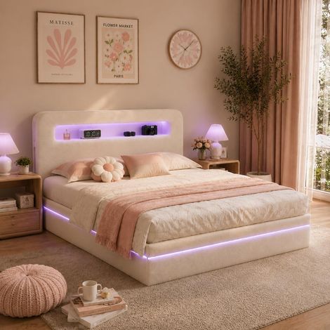 Lit coffre 160x200 cm capitonné velours, LED décoratif, grand rangement sous lit (1/5)