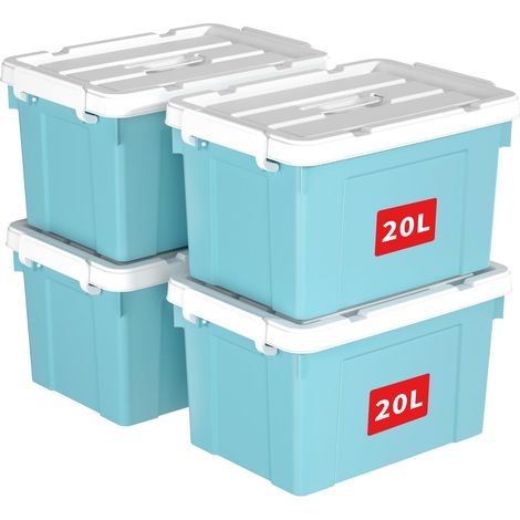 Boîte de Rangement, Bac de rangement avec Poignée, Plastique Organisateur avec Couvercle, Empilable, Transportable, pour Vêtements, Bureau, Chambre, Dortoirs, Bleu, 20L - Lot de 4 (1/5)