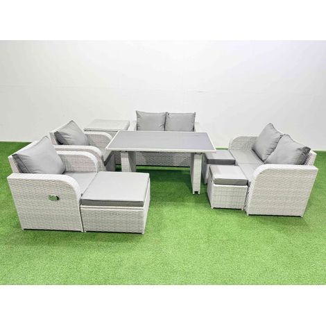 Fimous 9 Pieces Outdoor PE Rattan Sofa Reclining Chair Set Patio Garden Furniture Sets with Cushions Side Table 3 Stools Light Grey (1/4)