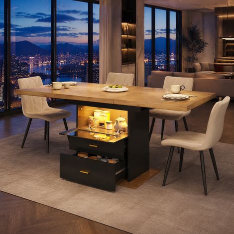Tavolo allungabile 110 (140) x 80 x 75 cm con LED, 2 cassetti, MDF e metallo, effetto legno DESVIAE (1/5)