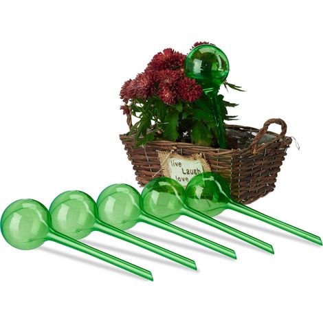 Relaxdays Sfere per Irrigazione, Set da 6, HxD 28x8 cm, Irrigatori da 250 ml per Piante e Fiori in Vaso, Plastica, Verde