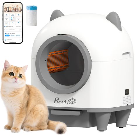 Bac à litière autonettoyant pour chat 80 L, élimination des odeurs, avectrôle via application, sécurité renforcée, 1 rouleau de sacs à litière