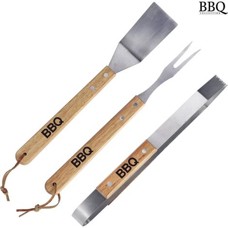 3 couverts barbecue grill acier bois - set assortiment couverts jardin grillades (1/4)