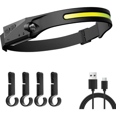 Lampe frontale rechargeable avec détecteur de mouvement, lampe frontale réglable, lampe frontale étanche IPX5 avec clips pour casque, lampe frontale LED ultra-lumineuse, légère et longue durée de vie, (1/5)