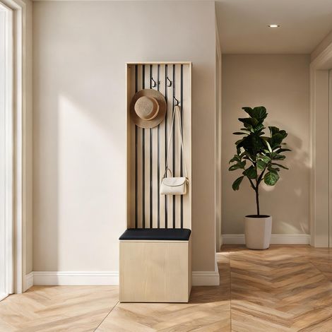Meuble d'entrée avec porte-manteaux assise et rangement en MDF (1/5)