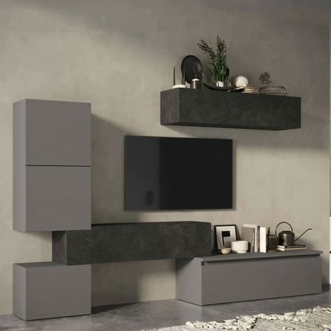 Dmora - Parete attrezzata Ogliastro, Composizione soggiorno, Mobile salotto multiuso, Armadio porta TV, Made in Italy, 290x40 h190 cm, Ardesia e Grigio scuro (1/4)