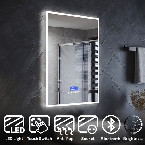 ELEGANT Bluetooth Bathroom LED Mirror Light with Shaver Socket Demister Pad Touch Switch Bright Adjustment Time Display Vertical/Horizontal 800x600mm
