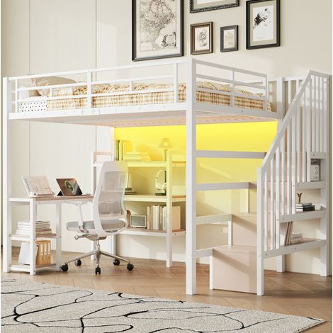 Hochbett Metall/MDF Weiß 140x200 cm mit Treppe, Schreibtisch, Regalfächern, LED-Licht und Stauraum (1/5)