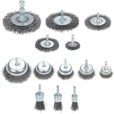 Lot de 13 brosses métalliques en acier au carbone pour dérouiller, fils frisés 0.012in, avec queue hexagonale 1/4 pouce pour perceuse (1/2)