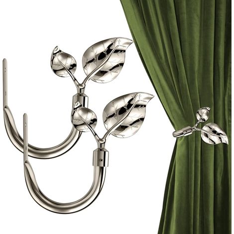 Blattförmige Gardinenhalter, 2 Stück, Heimdekoration (Nickel), handgefertigte, wandmontierte Gardinenhalter aus Metall, Gardinenhaken zur Befestigung (1/5)