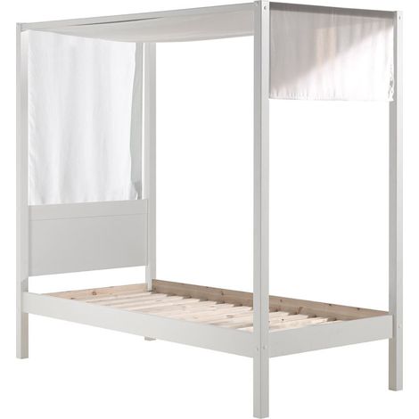 ALCOVE - Lit Baldaquin en Pin Laqué Blanc 90x200cm avec Voilage Blanc