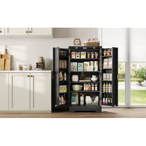 Küchenschrank mit LED-Sensorlicht und Gewürzregal, Großzügiger Doppeltür-Schrank mit Verstellbaren Regalböden und Modernem Türdesign