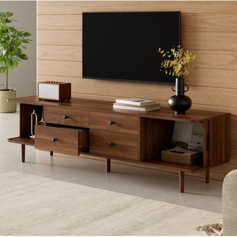 Mueble TV bajo de 165 cm en MDF color nogal con 4 cajones y 2 puertas correderas (1/5)
