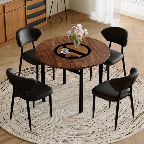 REDOM Set tavolo da pranzo 5 pezzi, tavolo rotondo 100x100x76 cm, con piano in vetro-MDF, 4 sedie imbottita in pelle PU nero, per cucina