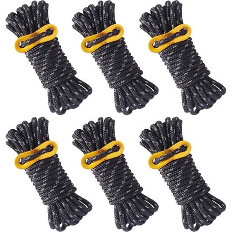 6 Pièces Corde de Tente Réfléchissante Corde Tente Camping 4 m X 5 mm Corde de Tente Noire avec Tendeur Réglable pour Les Tentes d'auvent de Camping en Plein Air
