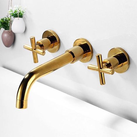 Mitigeur lavabo mural rétro doré 3 trous, robinet pivotant élégant pour salle de bain moderne (1/5)
