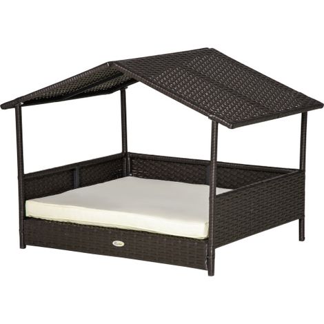 Cuccia in rattan con imbottitura, dimensioni 98 x 69 x 73 cm, cuccia per interni/esterni, struttura in acciaio, materiale PP, marrone caffè, realizzata in loco. (1/5)